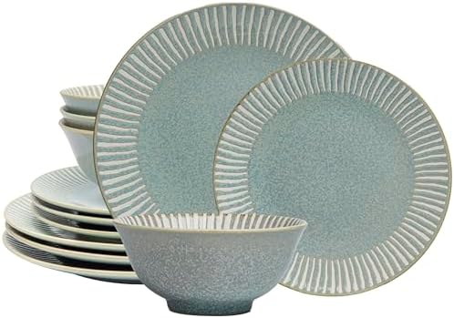 Bzyoo 12-Piece Reactive Blue Ceramic Dinnerware Set Bali Breeze Blue Elegant Table Setting for Every Occasion - Microwave & Dishwasher Safe Stackable by bzyoo