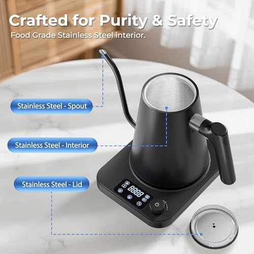 Gooseneck Electric Kettle, ±1°F Temperature Control Electric Kettle, 1.0L 1200W Fast Heating, 24H Keep Warm, 30Min Auto Memory, Food Grade Stainless Steel, Pour Over Kettle for Coffee and Tea - Image 3