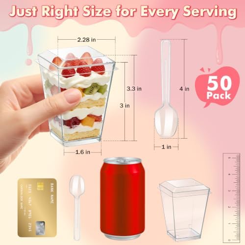 50 Pack 5oz Plastic Dessert Cups with Lids and Spoons, Clear Square - Image 2