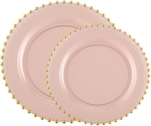 PLASTICPRO 128 Piece Combo Plastic Dinner Plates Disposable Plastic Fancy Heavy Duty Party Dishes 7 inch and 10 inch, Translucent Rose and Gold Beaded - Image 7