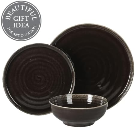 Gibson Elite Eclipse Swirls Plates and Bowls Sets, 12-Piece Stoneware Dinnerware Sets, Reactive Glaze Dish Set - Black - Image 4