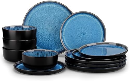 vancasso PLAYA Plates and Bowls Sets, 12 Pieces Blue Dinnerware Sets for Kitchen, Reactive Glaze Dishes Set for 4, Dishwasher and Microwave Safe by vancasso