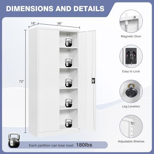 Metal Storage Cabinet with Lock,Lockable Garage Cabinet with 2 Doors and 5 Adjustable Shelves,Tall Steel Cabinets for Garage,Workshop,Gym,School - Image 3