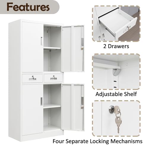CJF Metal Storage Cabinet with Adjustable Shelves and Drawers, 71" H Locking Pantry Storage Cabinet for Office, Garage, Home, School, Utility (White) - Image 5