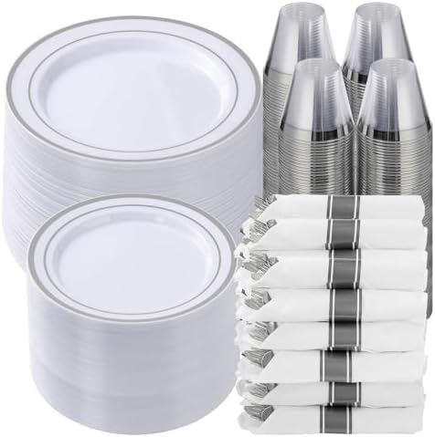 Goodluck 700 Piece Silver Plastic Dinnerware Set for 100 Guests by GoodLuck