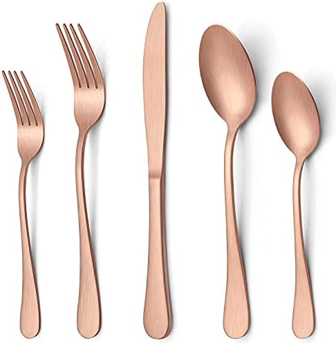 LIANYU 20 Piece Matte Copper Silverware Set, Stainless Steel Copper Flatware Cutlery Set for 4, Fancy Kitchen Utensil Tableware for Home Restaurant Party, Satin Finish, Dishwasher Safe by LIANYU