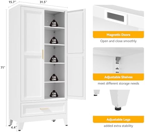 YAUWOH 71''Tall Kitchen Pantry Cabinet with Drawer,5-Tiers Metal Pantry Storage Cabinet with 4 Adjustable Shelves and 2 Barn Doors, Freestanding Farmhouse Food Cupboard for Dining Room (1PC,White) - Image 3