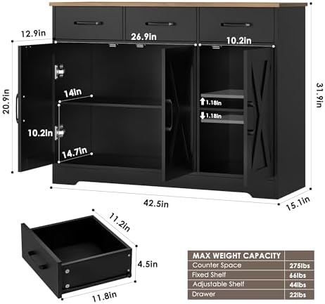 HOSTACK Kitchen Buffet Cabinet with Storage, Sideboard Coffee Bar, Black - Image 3