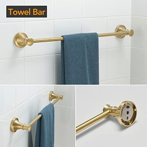 BESy Brushed Gold 4 Piece Bathroom Accessories Set (Single Towel Bar, Towel Ring, Toilet Paper Holder, Double Towel Hooks), Wall Mounted Bath Hardware Accessory Fixtures Set - Image 2