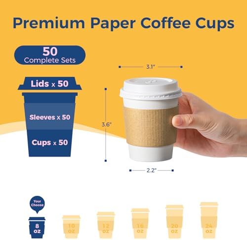 Fit Meal Prep 50 Pack 8 oz Disposable Coffee Cups with Lids, Sleeves, Leak-Proof To Go Coffee Cups with Lids, Durable Hot Paper Cups for Home, Office, Party, Business - Image 2