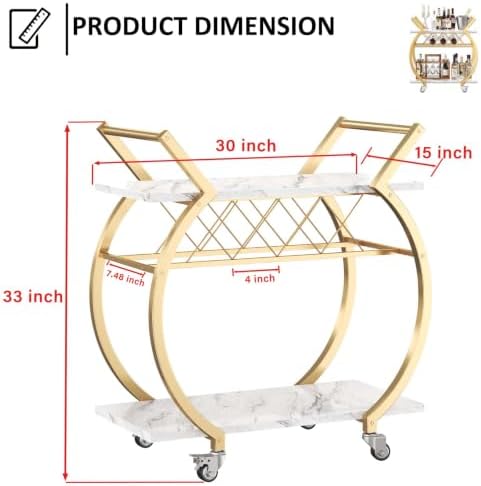 LVB Gold Bar Cart with Wheels, Modern White Marble Home Bar Serving Cart - Image 2