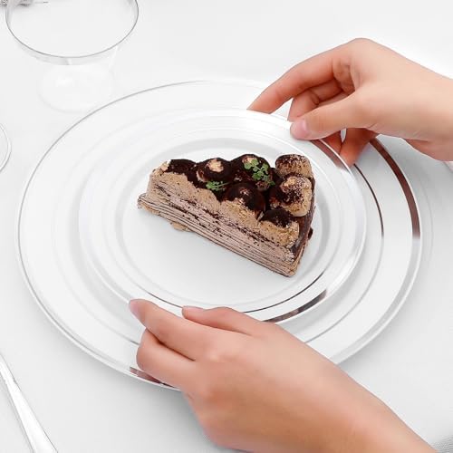 350-Piece Silver Rim Plastic Dinnerware Set for 50 Guests, Elegant Disposable Dinnerware for Party, Wedding, Includes Dinner Plates, Dessert Plates, Silverware, Napkins, Cups - Image 5