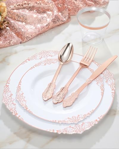 Goodluck 350 Piece Rose Gold Plastic Dinnerware Set for 50 Guests - Image 4