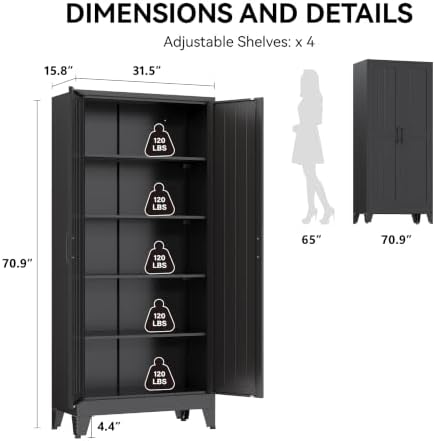 COFaR 71" Black Metal Storage Cabinet for Office, Garage and Utility Room - Image 2