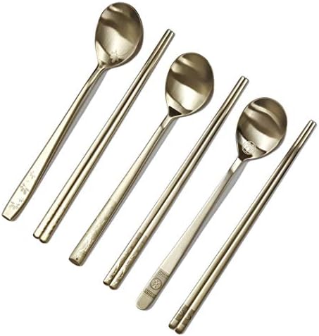 [5 Sets] [Made in Korea] Korean Sticky Rice Spoon Chopsticks Set Gold Titanium Plating 304 Stainless Steel Tableware Cutlery Set Mukbang Chopsticks (Korean Apricot Blossom TITANIUM, 5 Sets) - Image 6