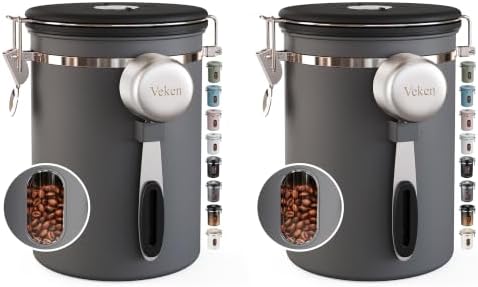 Veken Coffee Canister with Window, Airtight Stainless Steel Container,Date Tracker, Kitchen Food Storage Jars for Beans, Ground, Espresso, Rice,Tea, Sugar, Cereal, Gifts, Scoop, Grey, 22OZ (Pack of 2) by Veken
