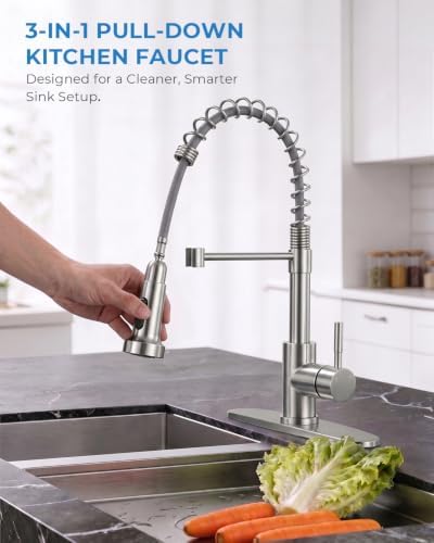 VFAUOSIT Kitchen Faucet with Pull Down Sprayer, Spring Brushed Nickel - Image 2