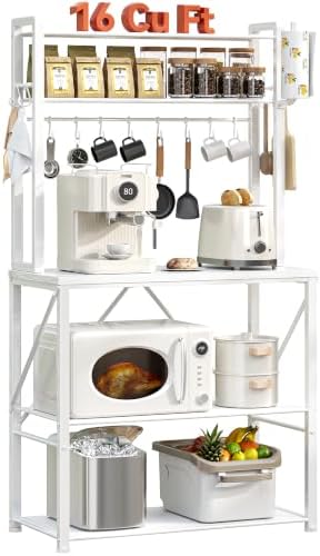 YASONIC Coffee Bar, Bakers Rack with Storage, 25.6 Inches Microwave Stand, 5 Tier Kitchen Shelves Appliance Storage, 12 S Hooks Large Coffee Station for Spices, Pots and Pans, White by YASONIC