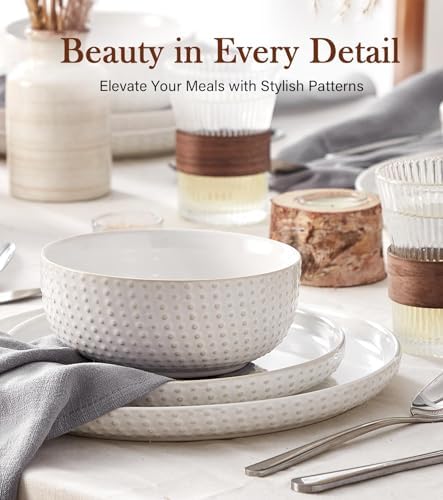 24 Piece Dinnerware Sets for 8 - Farmhouse Style Stoneware Plates and Bowls Sets - Scratch Resistant & Dishwasher Safe, Embossed Boho Ceramic Dish Set, Stack Compactly Dishware - Ivory White - Image 2