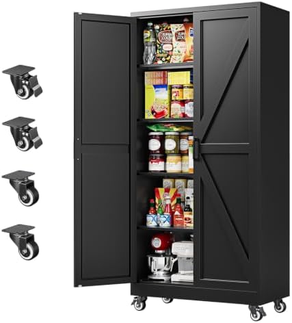 Letaya 75" Metal Garage Storage Cabinet with Wheels,Black Kitchen Pantry by LetayaMetalCabinets