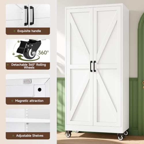 Letaya Metal Garage Storage Cabinet with Wheels,72”H White Kitchen Pantry - Image 6