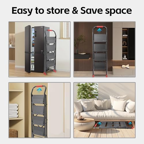 Step Ladder Foldable Folding Stool - for Home Adults Kitchen 4 Stepping Extension Tall Heavy Duty with Handrails - Closet Stepstool Stair Ladders Extendable Stepladder for Indoor House 600Lbs - Image 6
