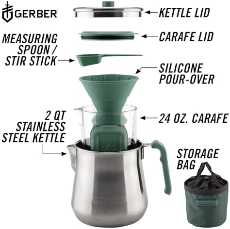 Gerber Gear ComplEAT Coffee Set - Packable Outdoor Camp Kettle & Pour Over Coffee Kit with 2 Qt Stainless Steel Kettle, 24 oz Tritan Carafe & Silicone Pour Over - Image 2