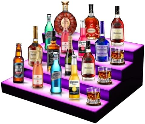 FAHKNS LED Lighted Liquor Bottle Display, 4 Tiers 16 Inch LED Liquor Shelves with RF Remote, Liquor Bottle Accessories Shelf for Home Bar, 16 Static Colors 4 Dynamic Mode by FAHKNS