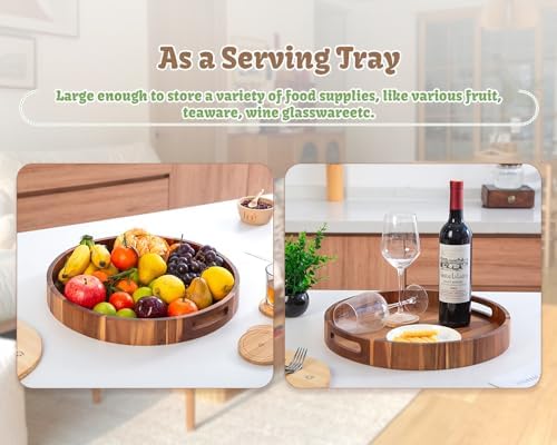 Large Round Wood Serving Tray, Wooden Trays with Handles for Ottoman Table, Vintage Acacia Tray Circle Wood Tray for Indoor Outdoor Organization and Decoration, Including 4 Round Wooden Coasters - Image 4