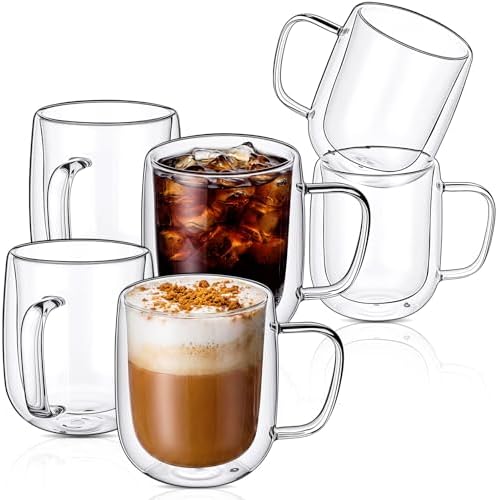 Patelai Glass Coffee Mugs Set of 6, 16 oz Clear Double Walled Coffee Cups Glasses Insulated Latte Mugs with Handle Espresso Clear Cups for Hot and Cold Beverages by Patelai