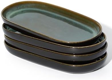 12" Deep Serving Platters, Stoneware Party Tray Set for Entertaining, Microwave Safe Large Platter for Fruit/Cheese/Cookie/Sushi/Appetizer, Ceramic Serving Trays Plates of 4, Aurora Green by Jopnerkni