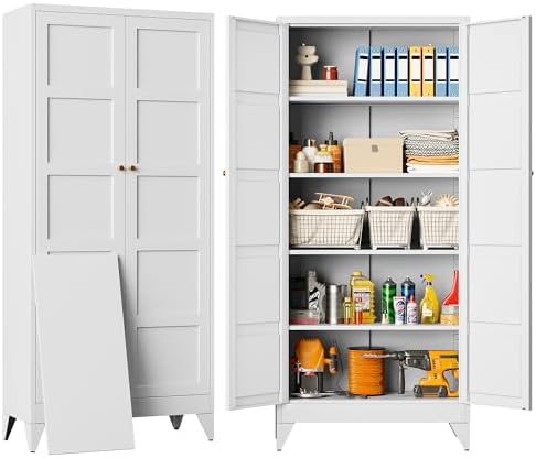 SISESOL Wide & Deep Pantry Storage Cabinet with 2 Doors and 5 Shelves,72 inch Tall Metal Storage Cabinet,Large Cupboard,White Cabinets for Home,Kitchen,Bathroom,Dining/Living Room by SISESOL