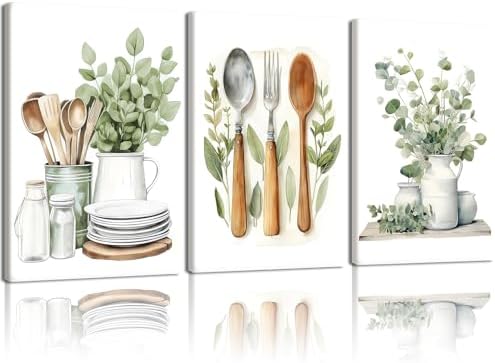 Doqueodas 3Pcs Sage Green Farmhouse Kitchen Canvas Wall Art 12x16Inch Frame by Unknown