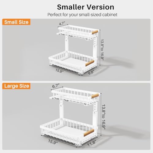 PXRACK Under Sink Organizer, Adjustable Height, 2 Tier Pull Out Under Cabinet Organizer, Slide Out Thickened Metal Under Sink Storage for Kitchen Bathroom Laundry Pantry Cabinet, White, Small-1-Pack - Image 2