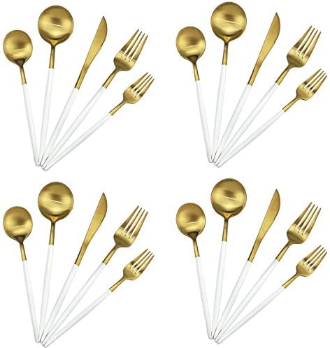 20-Piece 18/10 Stainless Steel Flatware Silverware, Luxury Dinnerware Set Travel Cutlery Tableware Include Knife Fork Spoon Service for 4, Dishwasher Safe (White Handle Matte Gold) by Gugrida