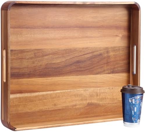 Large Wooden Ottoman Tray, Great 22"x18" Rectangle Trays for Big Ottoman Counter, Huge Kitchen Wood Serving Tray Round Corner, Living Room Coffee Table Decor Centerpiece Organizer Trays by DecentVrvege