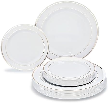 OCCASIONS 120 Plates Pack,(60 Guests) Heavyweight Premium Wedding Party Disposable Plastic Plates Set -60 x 10.5'' Dinner + 60 x 7.5'' Salad/Dessert (White & Gold Rim) by OCCASIONSFINESTPLASTICTABLEWARE