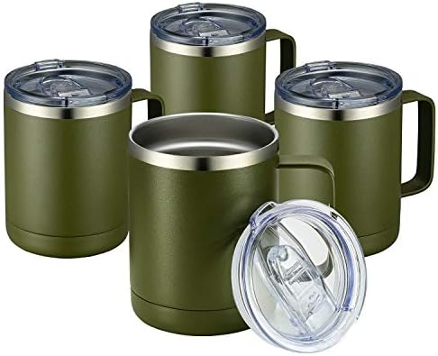 MEWAY 12oz Coffee Mug With Handle 4 Pack Bulk,Stainless Steel Insulated Travel Tumblers With Sliding Lid,Double Wall Vacuum Camping Cup for Hot & Cold Drinks Tea (Army Green,Set of 4) by MEWAY