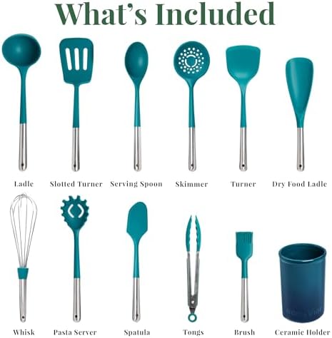 Larder & Vine 12-Piece Silicone Kitchen Cooking Utensils Set with Stainless Steel Handle and Ceramic Holder, Dishwasher Safe Set of Kitchen Essentials (Bondi) - Image 3