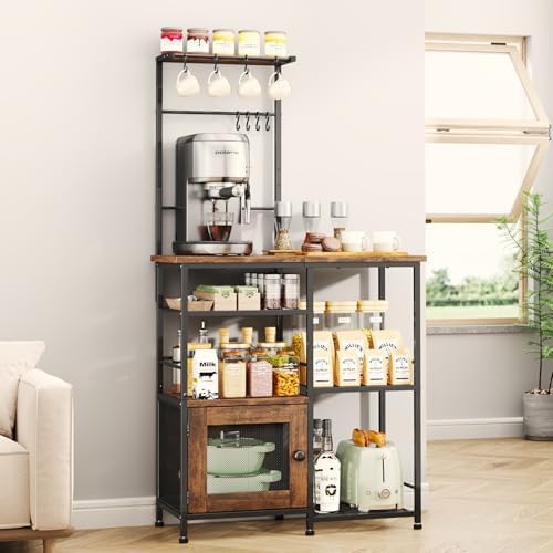 SWTYMIKI Bakers Rack with Storage - Coffee Bar Cabinet Organizer with 8 Hooks, Shelves & Cabinet Door, Coffee Station for Kitchen Dining Room, Microwave Stand with Adjustable Feet, Espresso by SwtyMiki-TidyHomeSweetLife