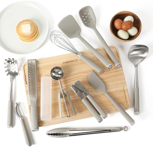 Calphalon Edge 11-Piece Silicone and Stainless Steel Kitchen Tool Set, Kitchen Utensil Set, Heat Resistant Nonstick Safe Kitchen Gadgets with Non-Slip Handle, Durable Kitchen Gadgets (Taupe) - Image 2