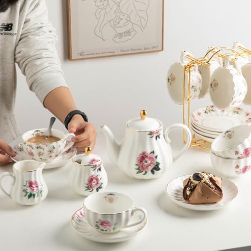 Sweejar Home Porcelain Tea Sets British Royal Series, 8 OZ Cups & Saucer Service for 6, with Teapot Sugar Bowl Cream Pitcher Teaspoons and Tea Strainer, Suitable for High Tea, Wedding, Party - Image 6