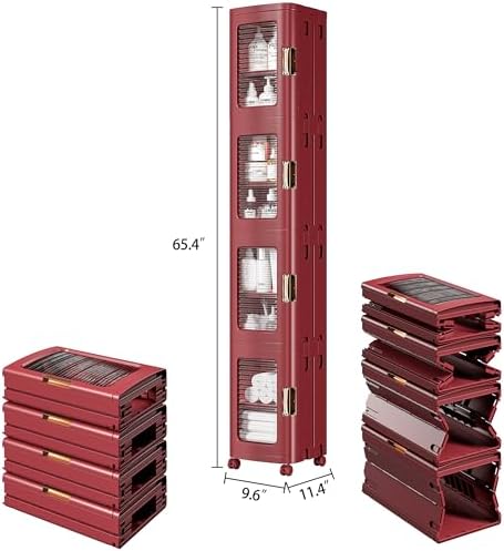 VECELO 4-Tier Narrow Storage Cabinet with Wheels, Red - Image 2