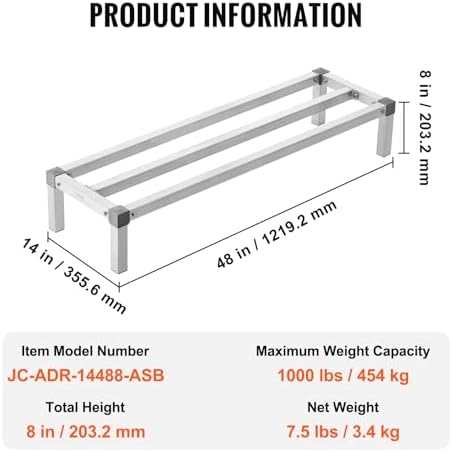 VEVOR Aluminum Dunnage Rack, 48” x 14” Commercial Food Floor Rack, 8” Off the Floor, 1000 lbs Capacity All-Welded Aluminum Storage, for Storage in Restaurants, Kitchens, Garages and Vehicles - Image 7