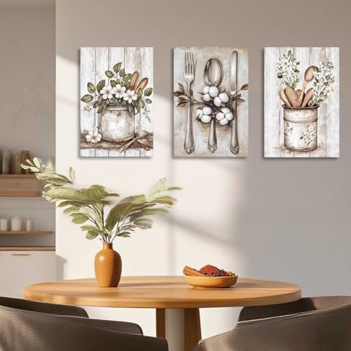 YMXDYMJSW Vintage Kitchen Wall Art 3 Piece Kitchenware Pictures Fork Knife Spoon Floral Canvas Print Farmhouse Floral Tableware Painting for Dining Room Home Decor (White, (16.00" x 24.00" x 3PCS)) - Image 5