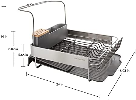 KitchenAid Compact to Full Size Expandable, Rust Resistant Satin Coated Dish Rack with Angled Self Draining Drain Board and Removable Flatware Caddy, 24-Inch, Charcoal - Image 3