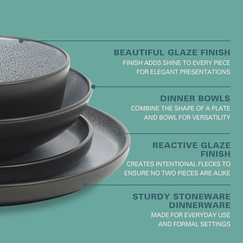 Gibson Elite Tribeca Loft 16-Piece Dinnerware Set – Matte Black and Blue Reactive Glaze Stoneware, Double Bowl Round Plates and Bowls – Modern Rustic Dinnerware for 4, Dishwasher & Microwave Safe - Image 3