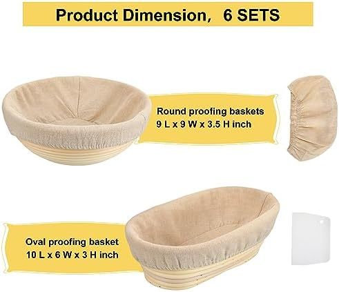 Geetery 6 Pack Bread Banneton Proofing Baskets 10 Inch Oval and 9 Inch Round Rattan Sourdough Baskets Dough Proofing Bowls with Liners and Dough Scraper for Home Sourdough Bread Baking Supplies - Image 3