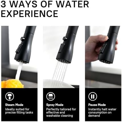 WEWE Pull-Down Kitchen Faucet, 3-Mode Sprayer, Matte Black, 2 Set - Image 5