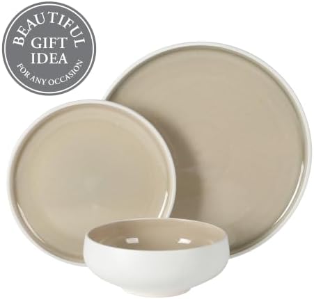 Gibson Elite Pacifico Beach 12-Piece Stoneware Dinnerware Set, Reactive Glaze Plates & Bowls, Taupe, Artisan Stone-Textured Exterior - Image 4